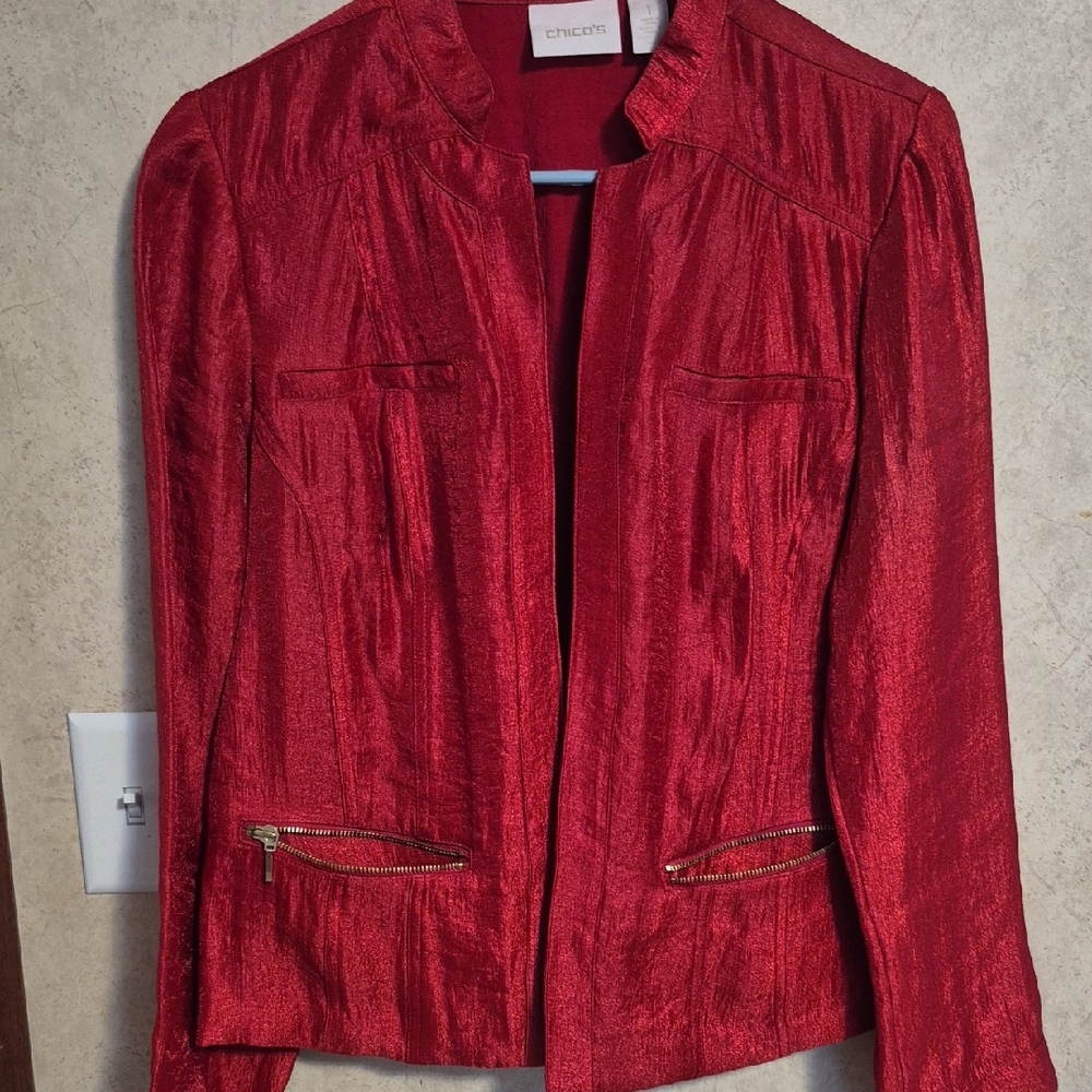 Chico's Red Blazer with Textured Fabric and Structured Silhouette